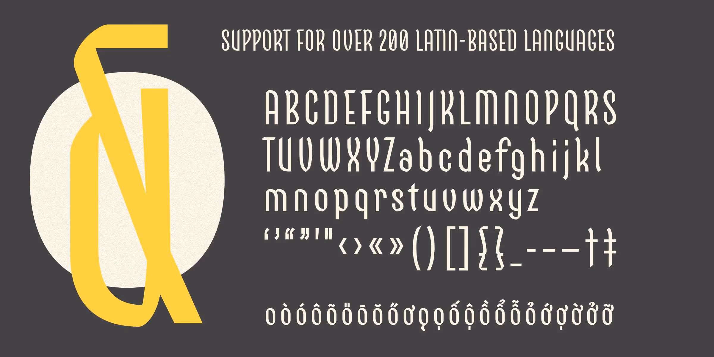 A large yellow ampersand takes up the left side of the image and has a sample of the full alphabet and extra letters needed for language support next to it. 
