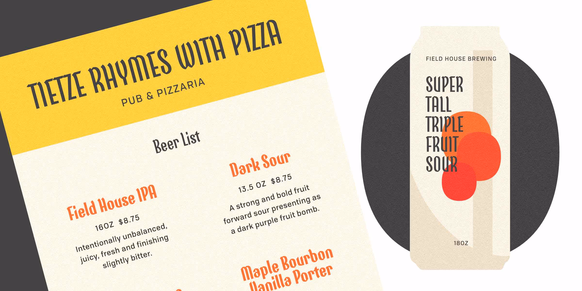 A mock up pub menu is on the left with a beer list using Amberwood as the display font. The right side has a mock up of it in use on the label of a beer. 