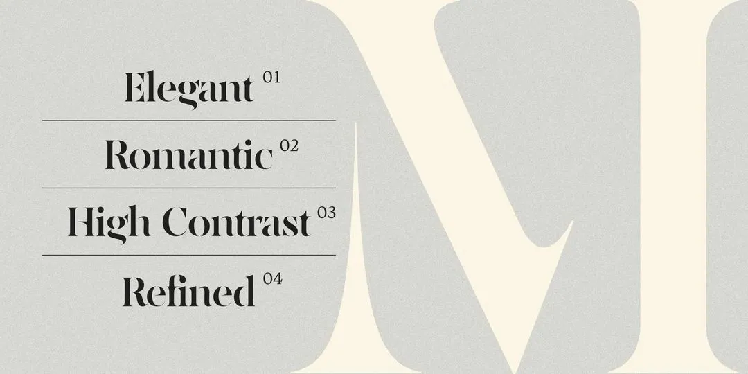 Four words describing the typeface with a thin black line between each going down the left side of the image. The right side has a large M in the background.