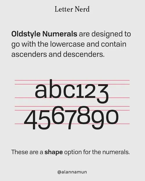 Old style numerals are designed to go with the lowercase and contain ascenders and descenders. These are a shape option for the numerals.