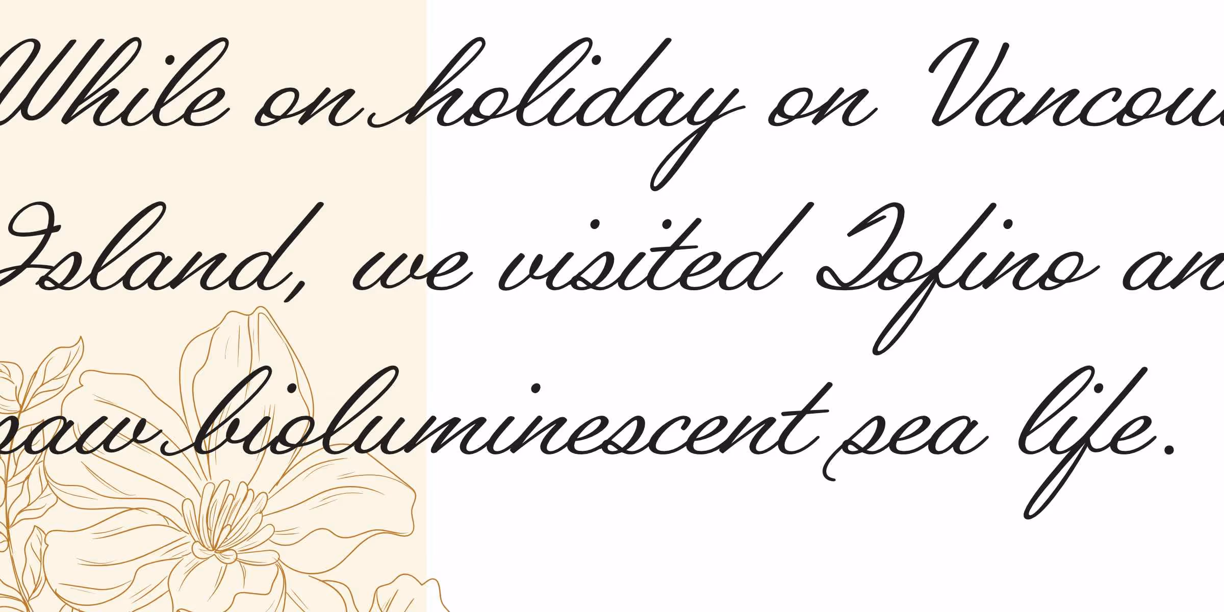 large black letterforms over the beige and gold floral background carried through the images.