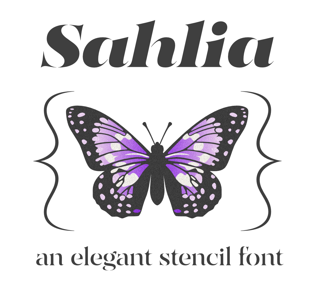 A purple butterfly illustration in the centre, surrounded by squiggly quote marks. The text reads, "Sahlia, an elegant stencil font."
