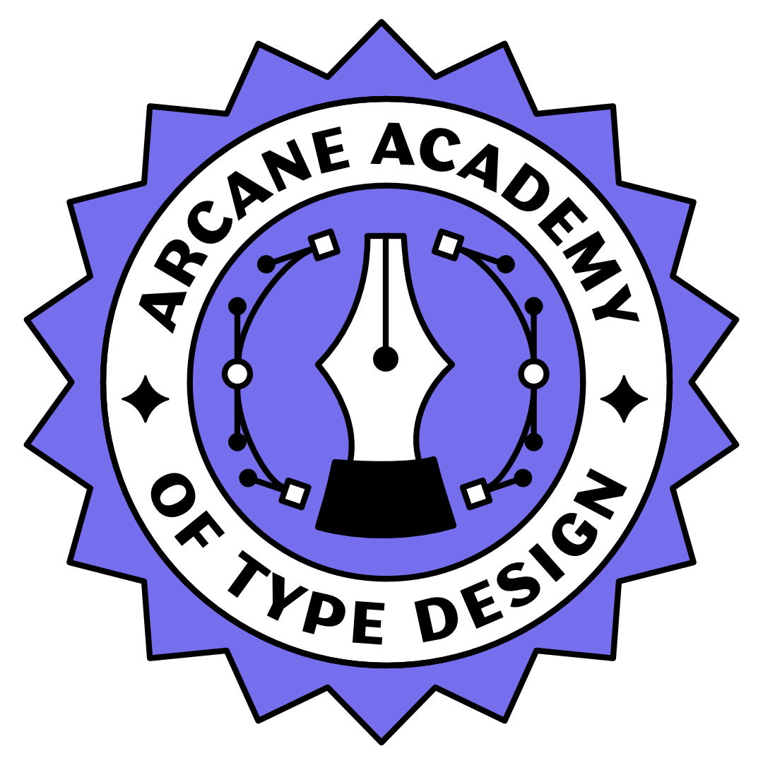 A purple multipoint star badge with a pen tool icon and points and handles in the centre surrounded by a circle of words that read Arcane Academy of Type Design