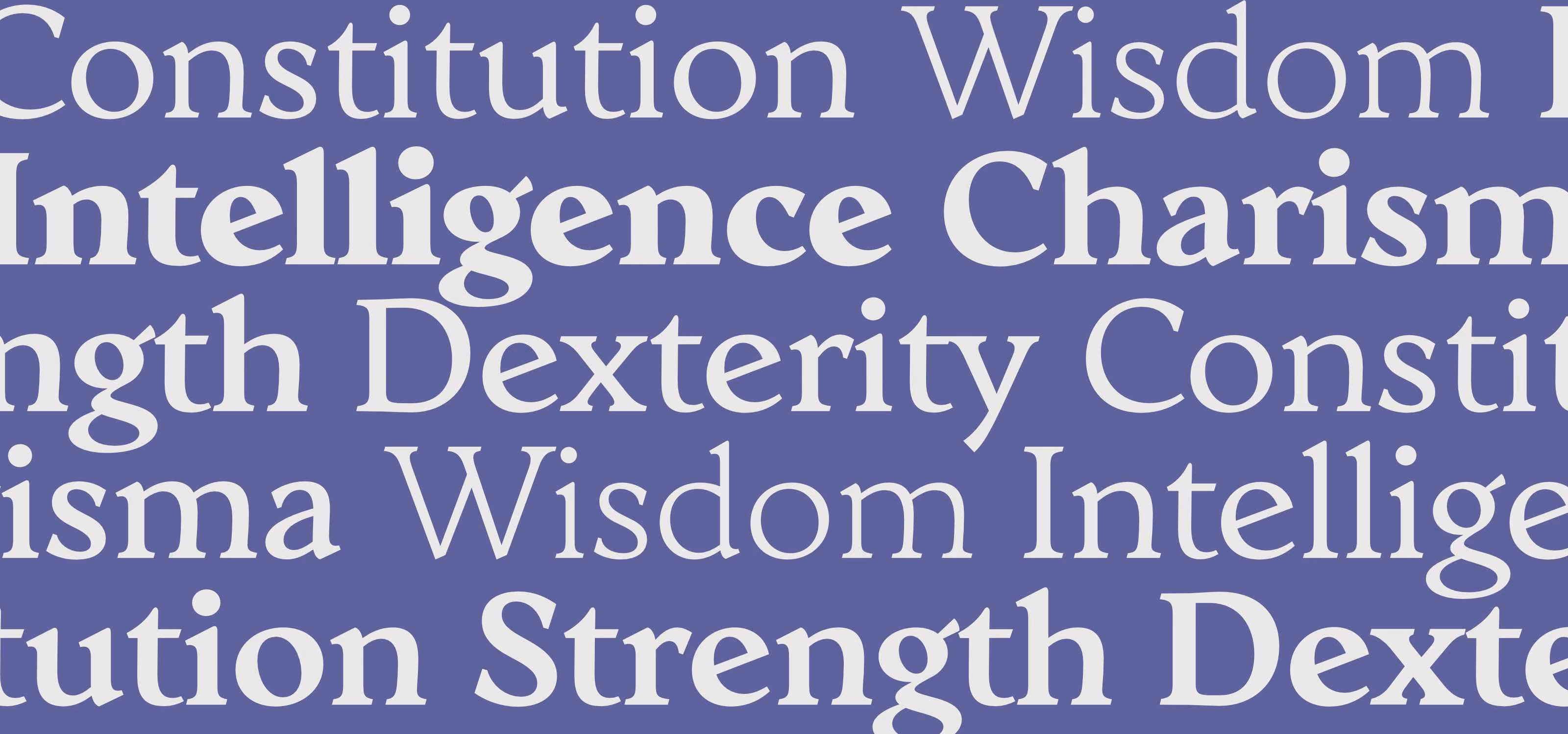 Background with repeated words in serif font including Constitution, Wisdom, Intelligence, Charisma, Strength, and Dexterity in light color on a blue-purple background.
