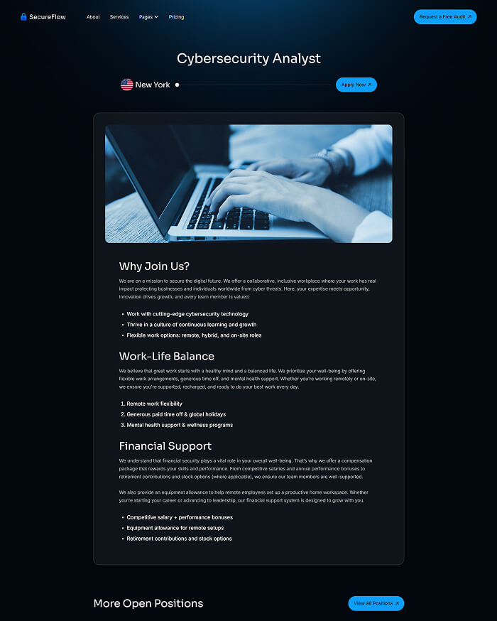 Job listing for Cybersecurity Analyst in New York by SecureFlow, featuring a close-up photo of hands typing on a laptop keyboard and details about benefits including work-life balance and financial support.