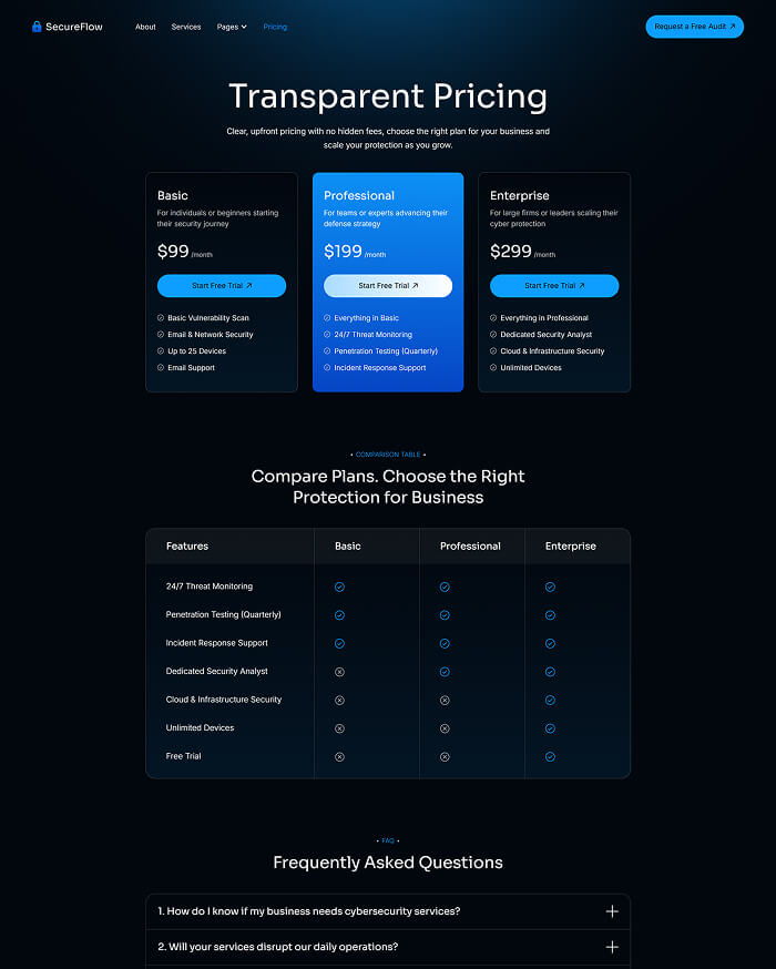 SecureFlow pricing page showing three plans: Basic at $99/month, Professional at $199/month, and Enterprise at $299/month, with features comparison and FAQ section below.