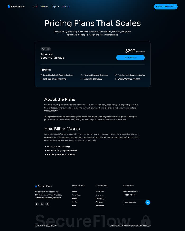 SecureFlow pricing page showing Advance Security Package for $299 with features like intrusion detection, malware protection, threat monitoring, and cloud encryption.