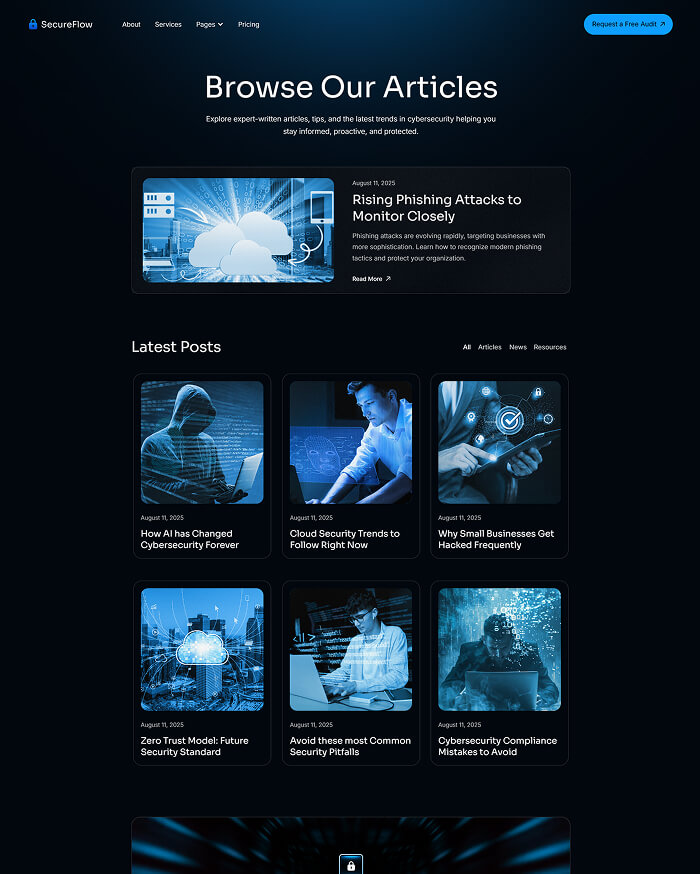 Cybersecurity blog page titled 'Browse Our Articles' featuring posts on phishing attacks, AI in cybersecurity, cloud security trends, small business hacks, zero trust model, security pitfalls, and compliance mistakes.