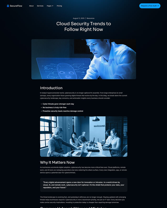 Website page titled 'Cloud Security Trends to Follow Right Now' showing a man analyzing a digital mask hologram and a diverse team in a meeting room working on laptops.