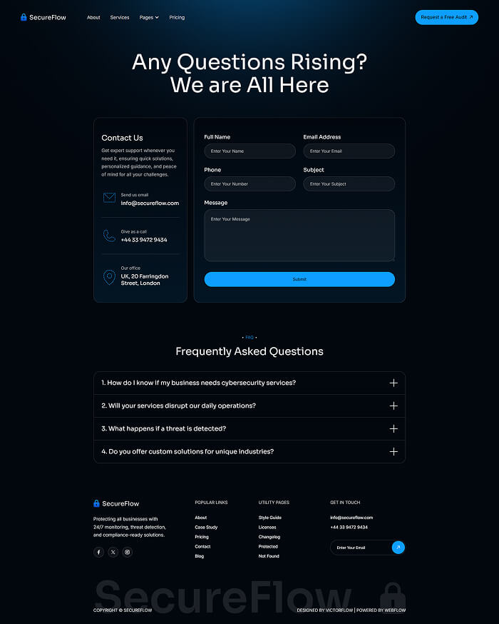 Contact form on a cybersecurity website with fields for full name, email address, phone, subject, and message, plus contact info and FAQs.