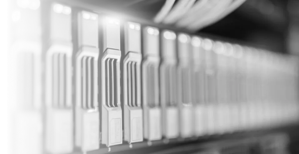 Close-up of server blades arranged in grid pattern