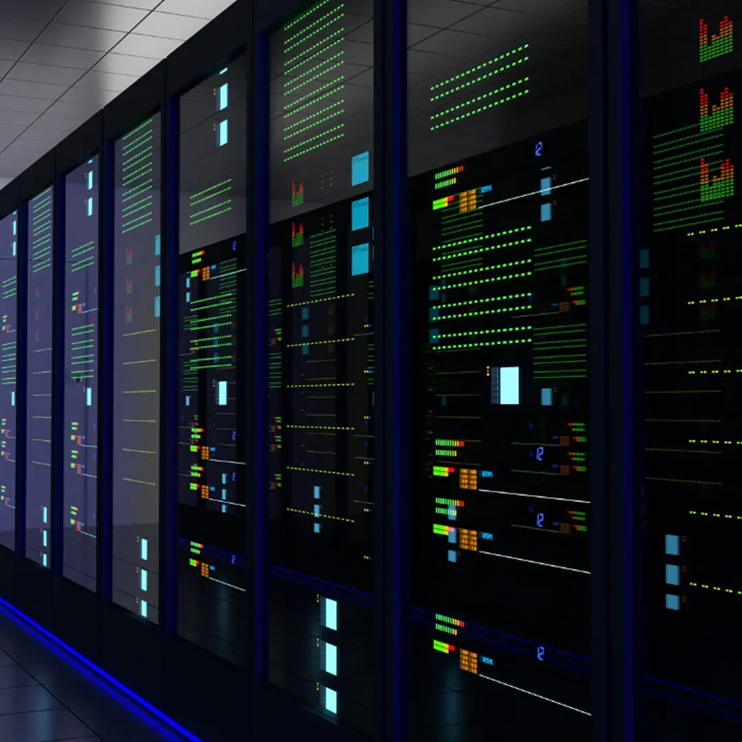 Lit-up server room with colorful data indicators