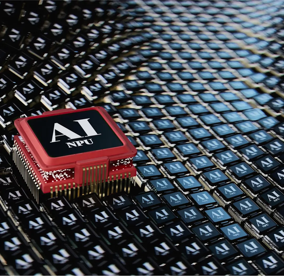 Close-up of AI microchip on carbon-textured surface