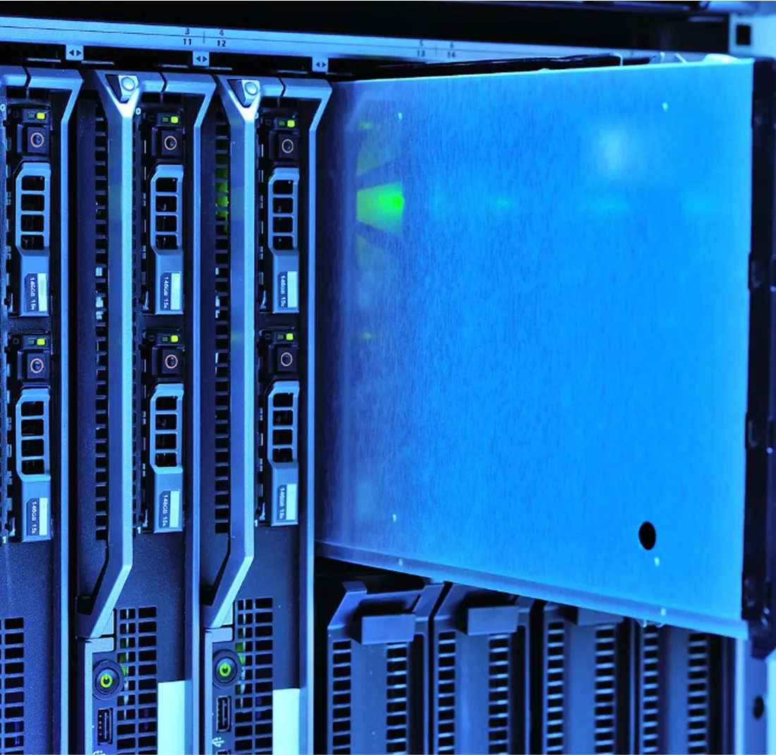 Close-up of illuminated server rack representing digital infrastructure