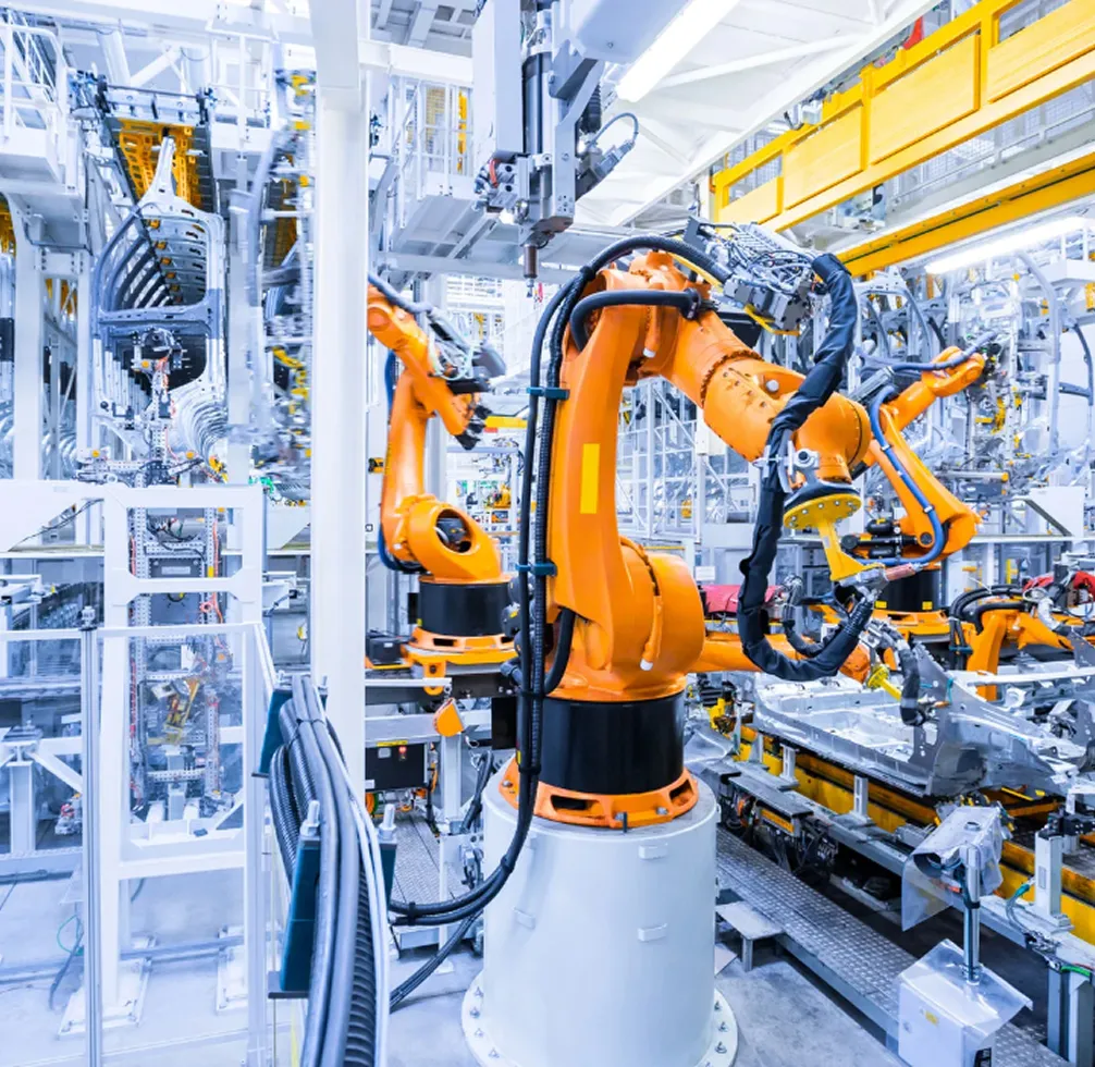 Robotic arms operating on an automated production line