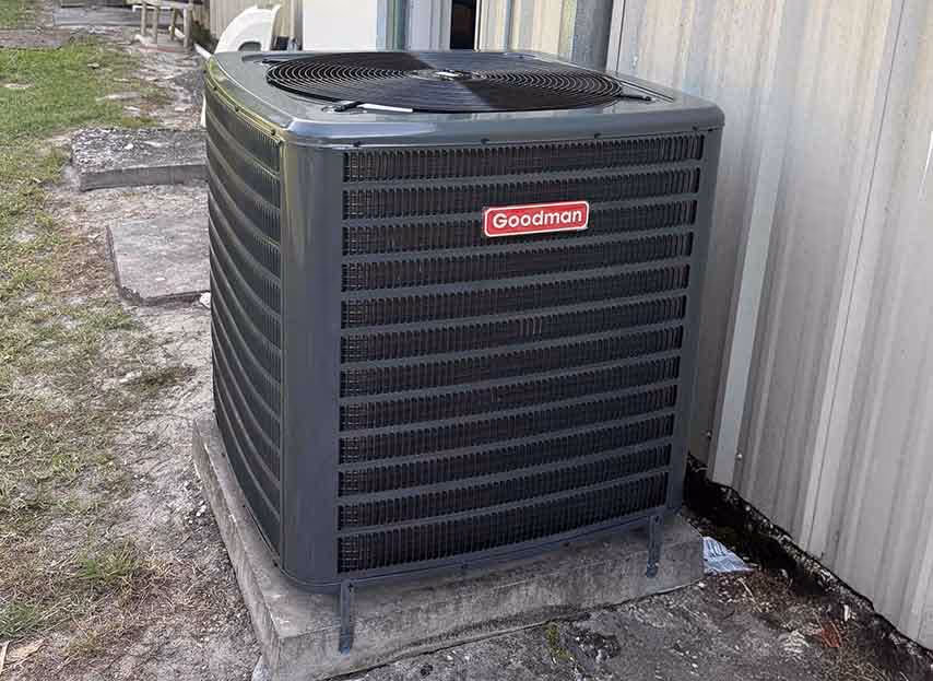 Goodman outdoor air conditioning unit professionally installed by Sunshine Services HVAC experts in Florida