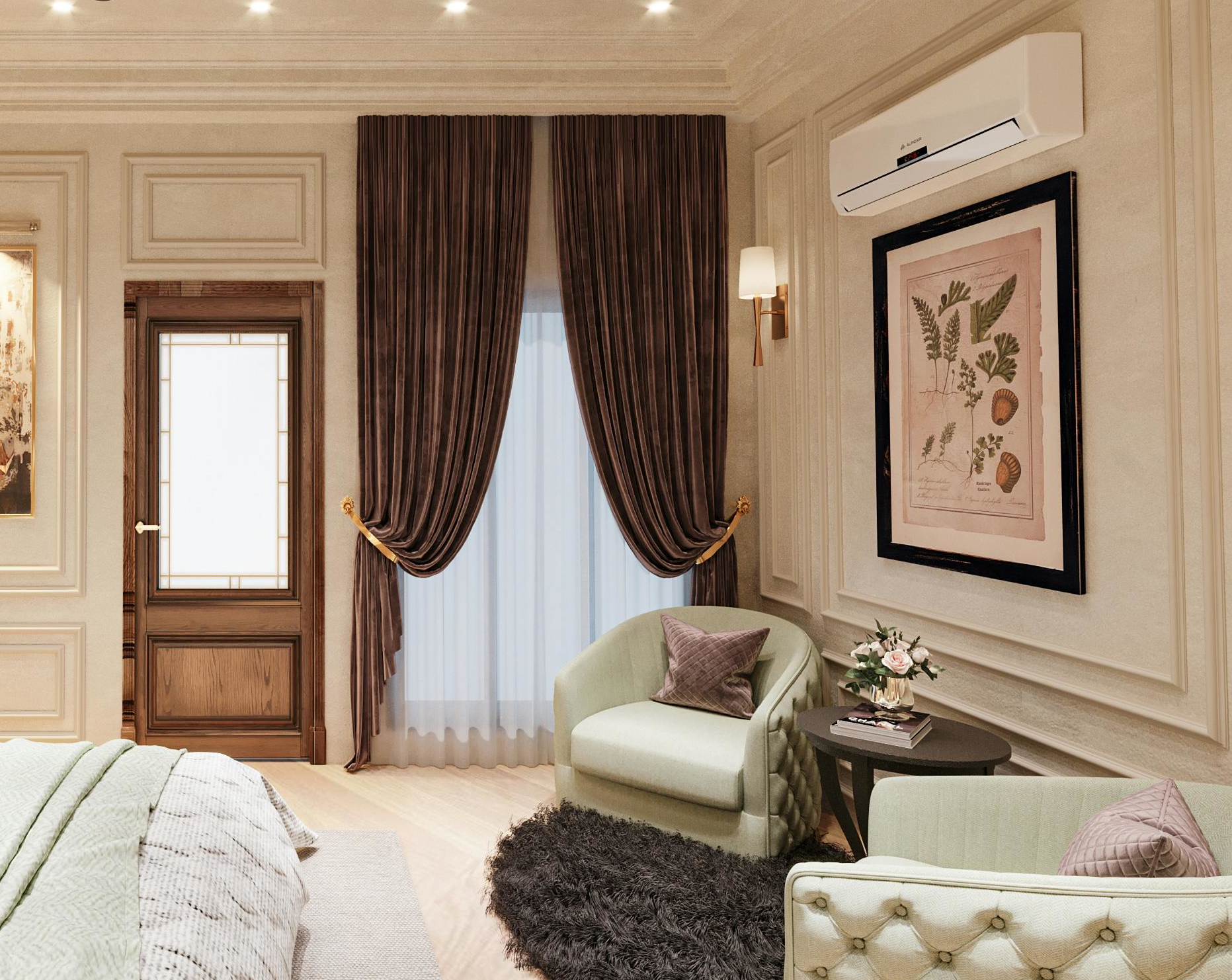 a panelled room with a picture on the wall and air con unit above