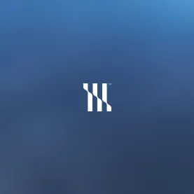White abstract logo with vertical and diagonal stripes on a blue gradient background.