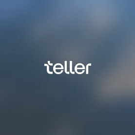 White text logo reading 'teller' on a blurred blue-gray background.