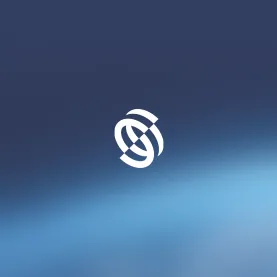 White abstract intertwined ribbon logo on a blue gradient background.