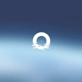 White circular logo resembling a ring partially submerged in water against a gradient blue background.