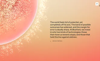 Abstract illustration of a glowing, large red-orange sphere with sparkling particles on a light background and text about technology and potential.