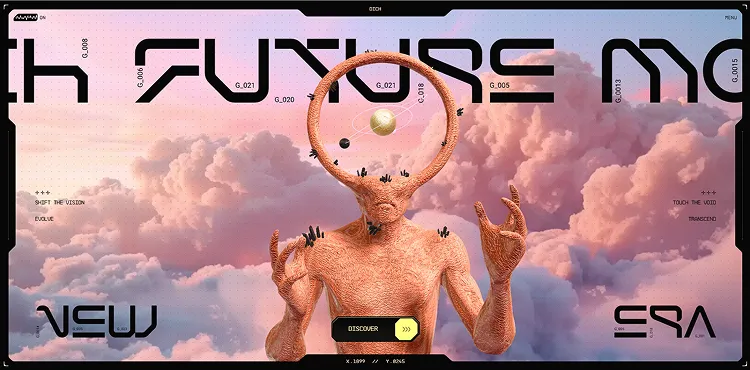 Surreal humanoid figure with a large ring around its head floating in a cloudy pink sky, with futuristic text overlay and a 'Discover' button.