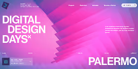Purple and blue gradient background with digital design event text: DIGITAL DESIGN DAYS, program, partners, location, social and press, and PALERMO city name.
