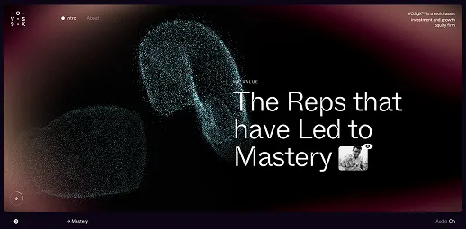 Website landing page with white text reading 'The Reps that have Led to Mastery' over a dark background with blue particle wave visuals.