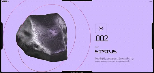 Graphic of a metallic, irregularly shaped object labeled 'SIRIUS' with the text '.002' and a brief description about shattering a mold and rewiring a system.