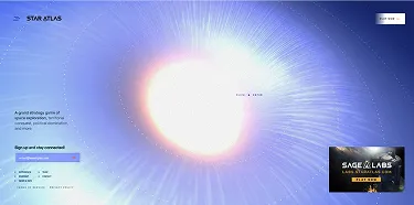 Bright white star emitting light and energy in a blue cosmic background with Star Atlas logo and sign-up invitation on the left.