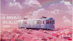 Vintage train traveling through a surreal pink landscape with flowers under a pastel sky with clouds and a rainbow.