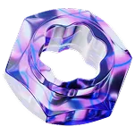 Transparent hexagonal nut with purple and blue iridescent reflections.