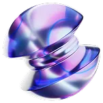 Abstract shiny metallic purple and blue twisted torus shape with reflective surface.