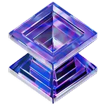 3D transparent purple and blue geometric shape with interlocking square frames.