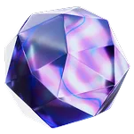 Faceted translucent geometric shape with blue and purple light reflections.