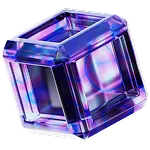 Transparent purple and blue crystal cube with reflective surfaces.