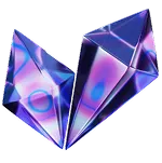 Two purple-blue translucent crystal-like geometric shapes with glowing highlights.