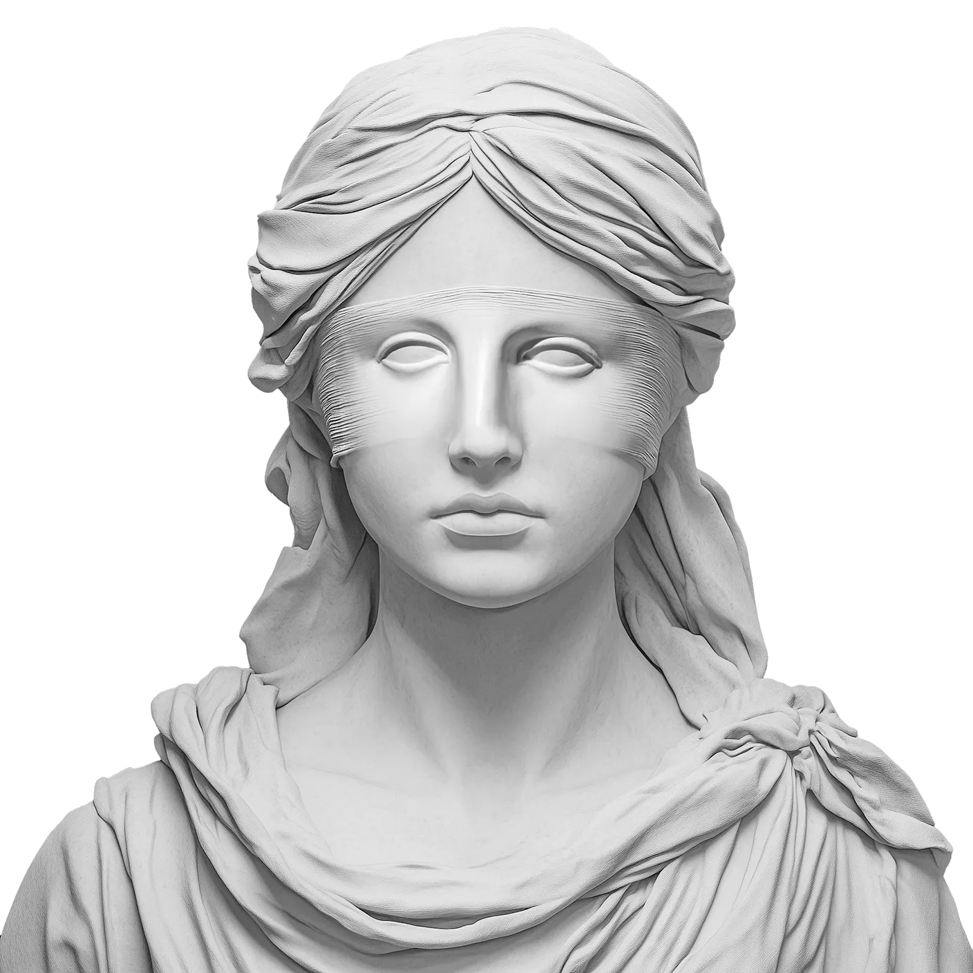 White marble bust of a woman with a cloak over her head and a cloth wrapped around her shoulders.