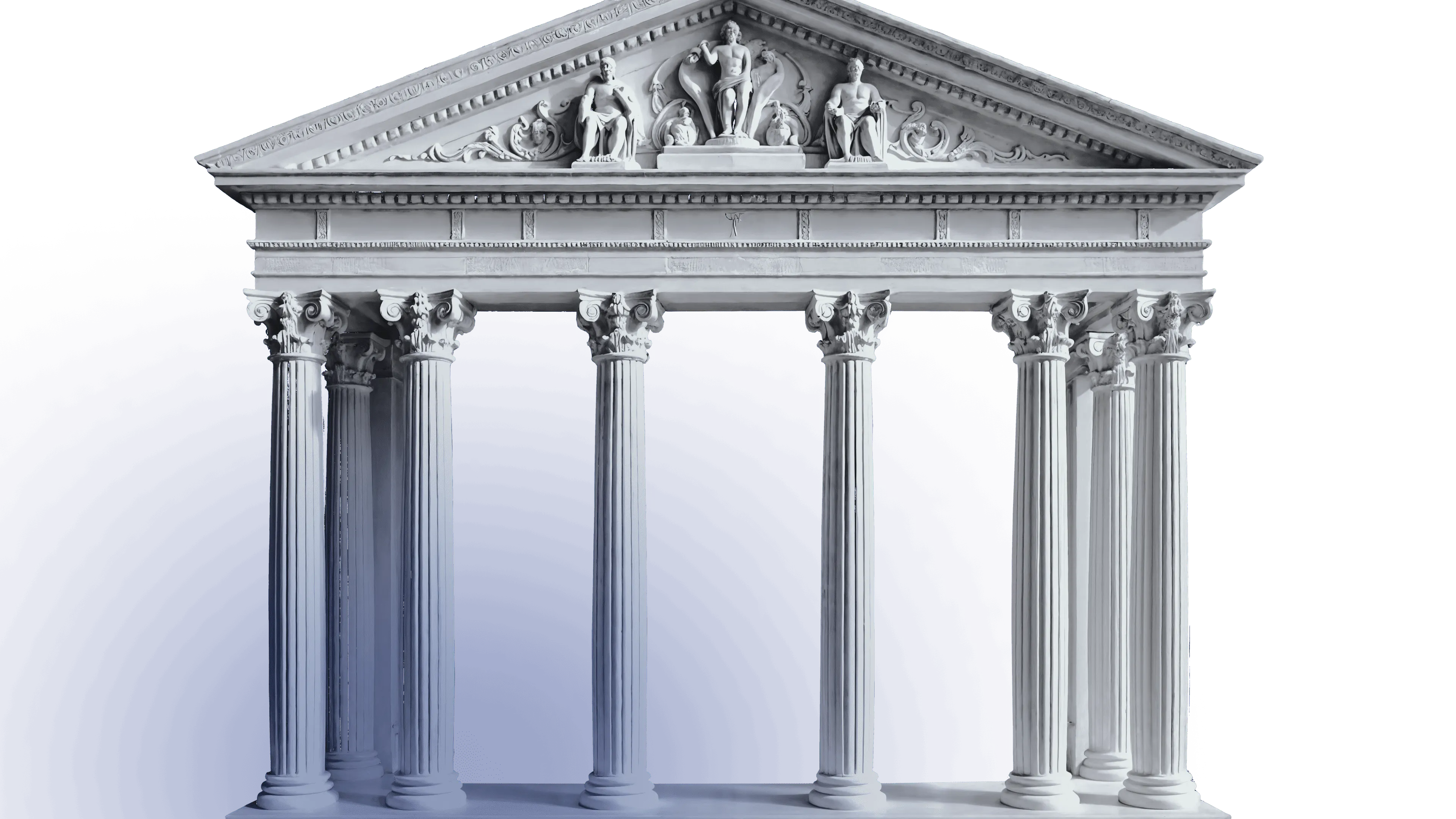 Classical white marble building facade with eight Corinthian columns and sculpted figures in the triangular pediment.