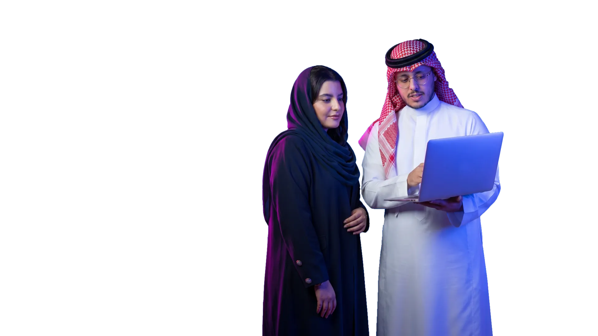Sculpted figure of a bearded man in traditional Middle Eastern attire using a laptop.