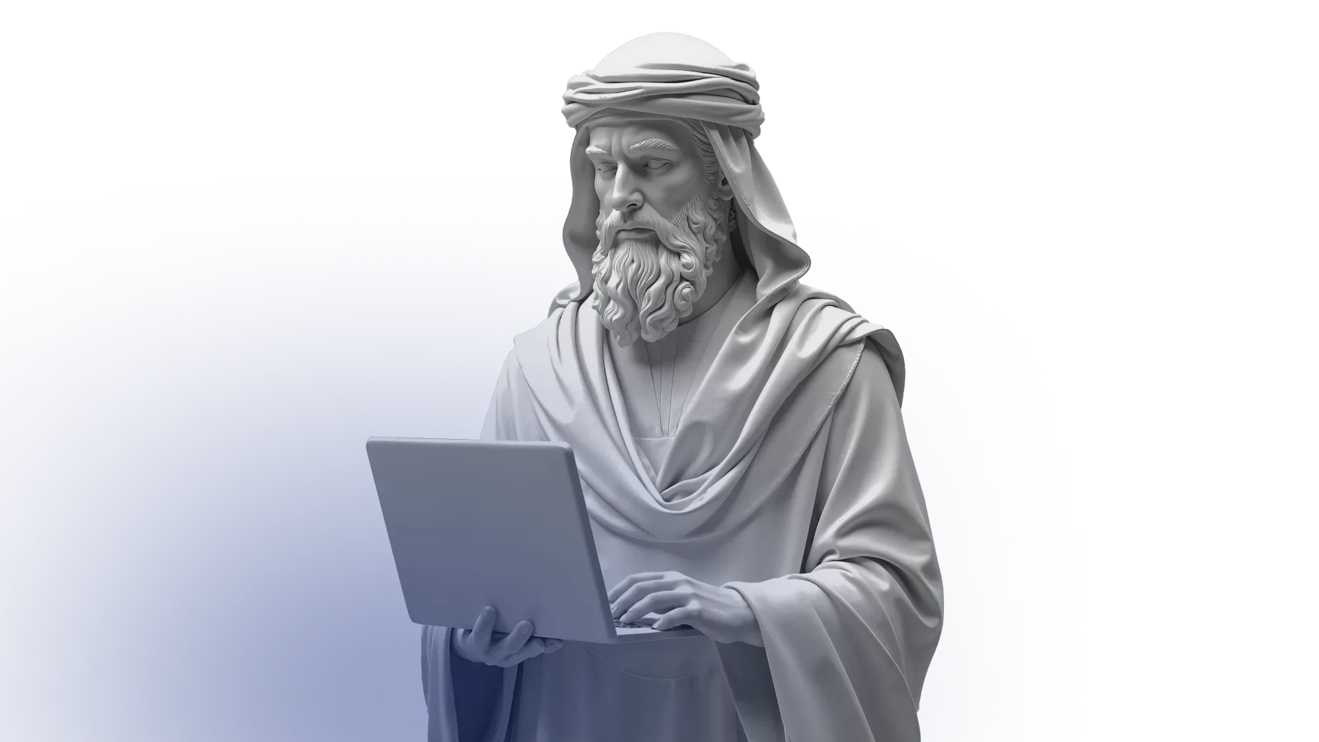 Sculpted figure of a bearded man in traditional Middle Eastern attire using a laptop.