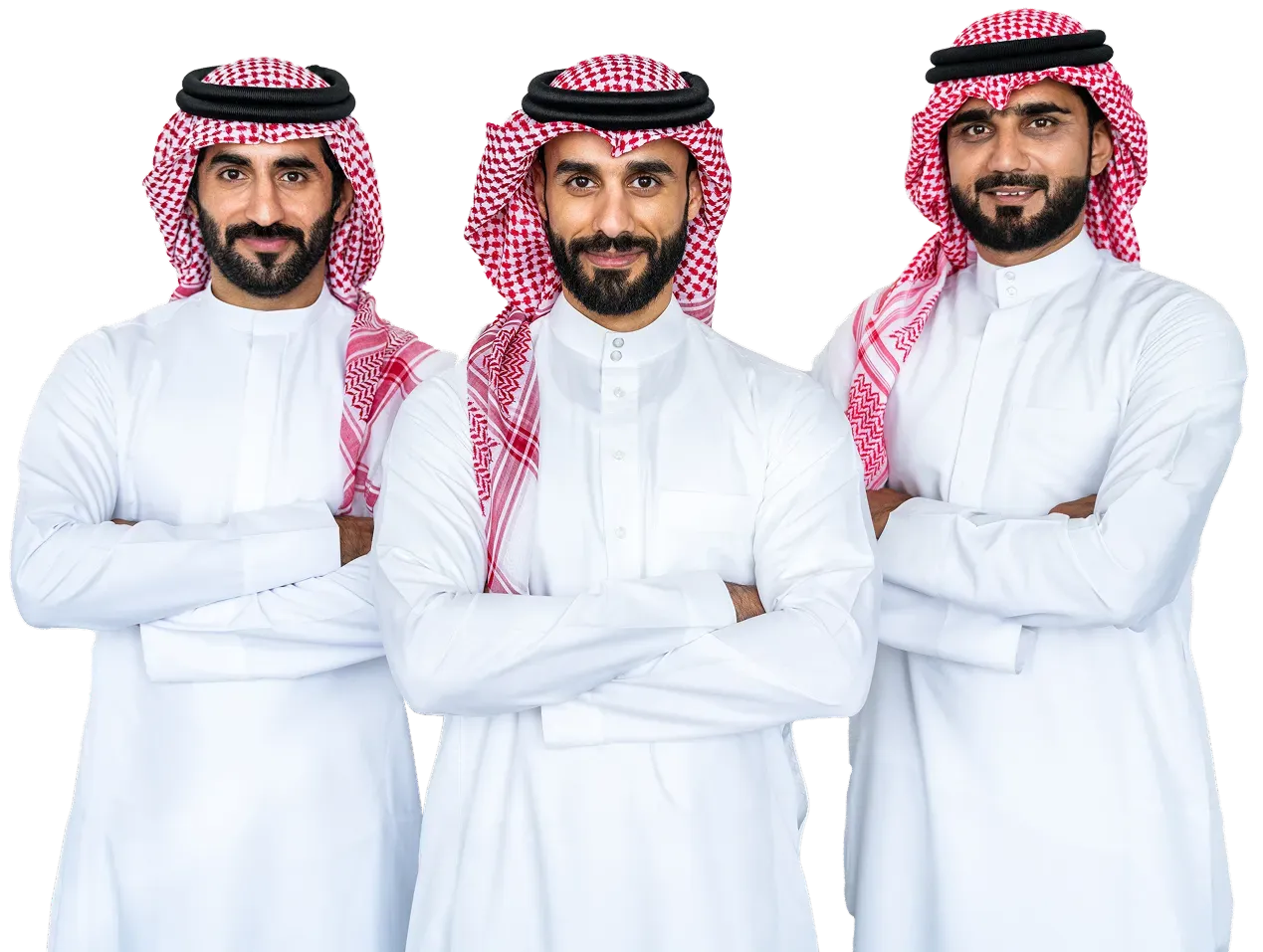 Three Arab men in traditional white thobes and red and white checkered keffiyehs standing with arms crossed, smiling.