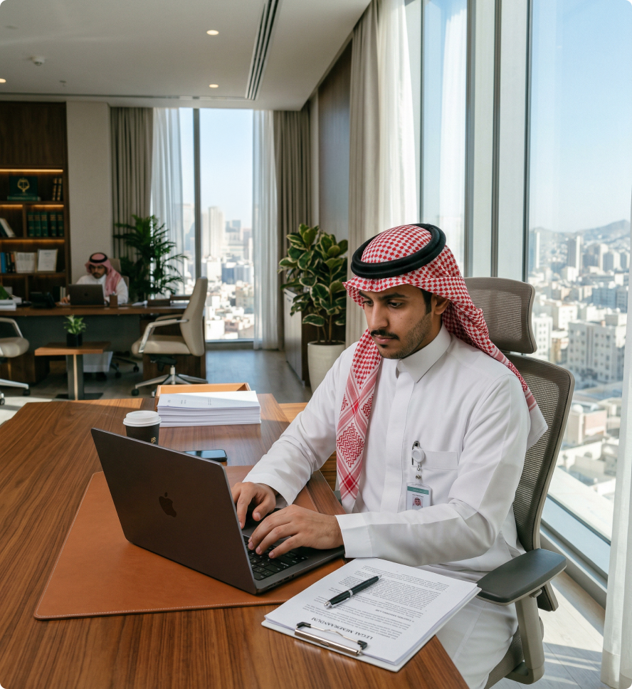 Smiling woman wearing a light gray hijab and round glasses working on a laptop in a modern office.
