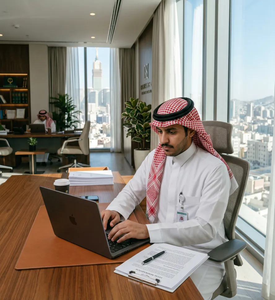 Smiling woman wearing a light gray hijab and round glasses working on a laptop in a modern office.
