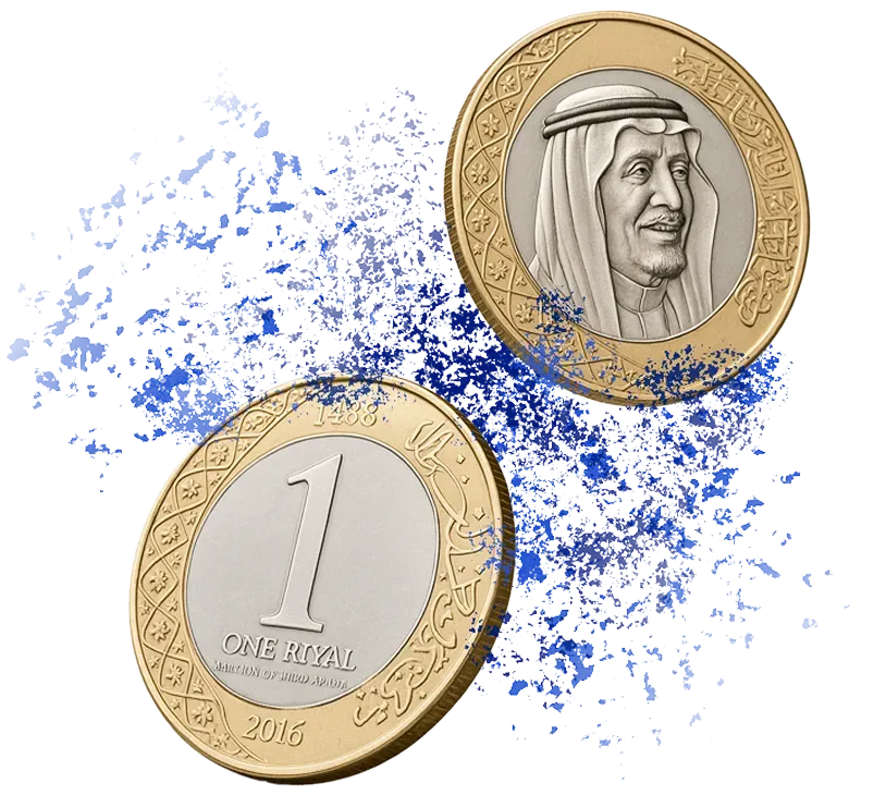 Two Saudi Arabian one riyal coins, one showing King Abdulaziz portrait, the other showing the coin's denomination and year 2016.
