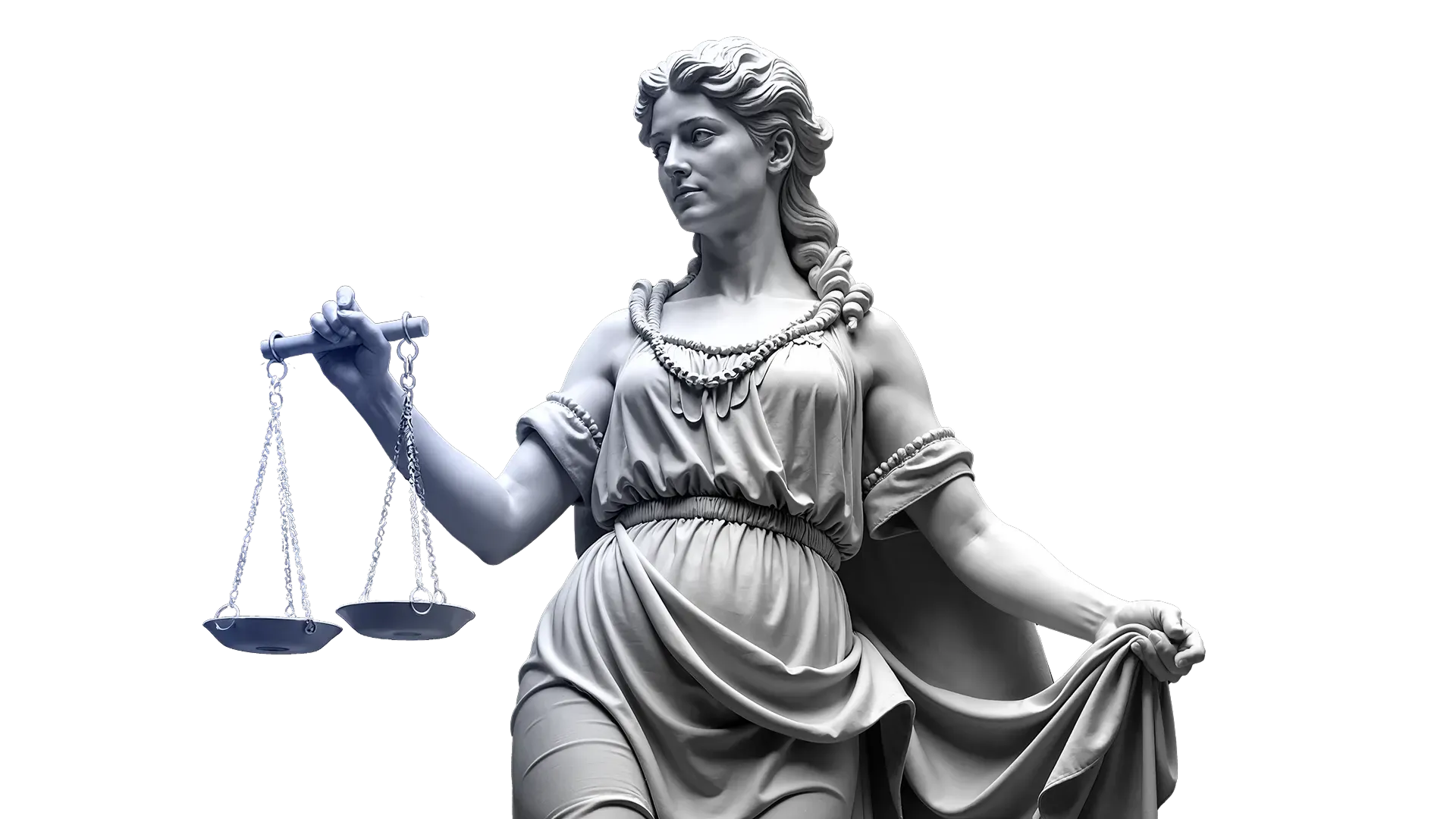 Statue of a woman holding a balanced scale in her right hand, symbolizing justice.