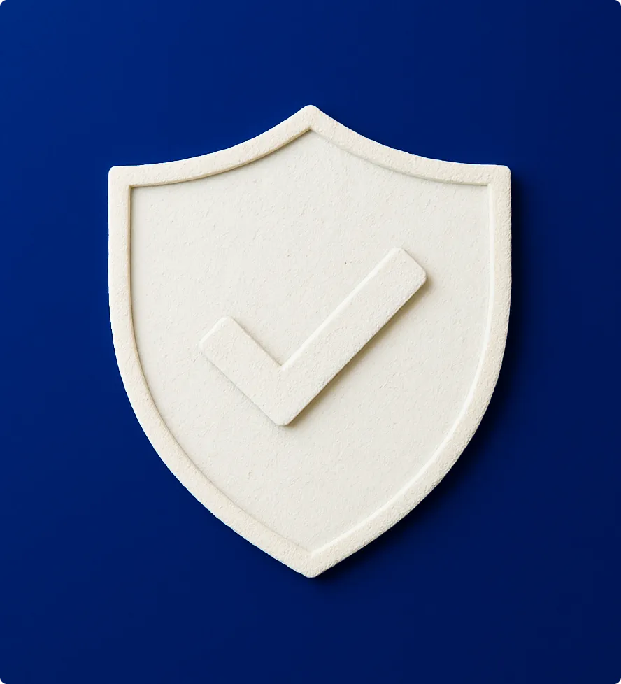 White shield icon with a check mark embossed on a blue background.