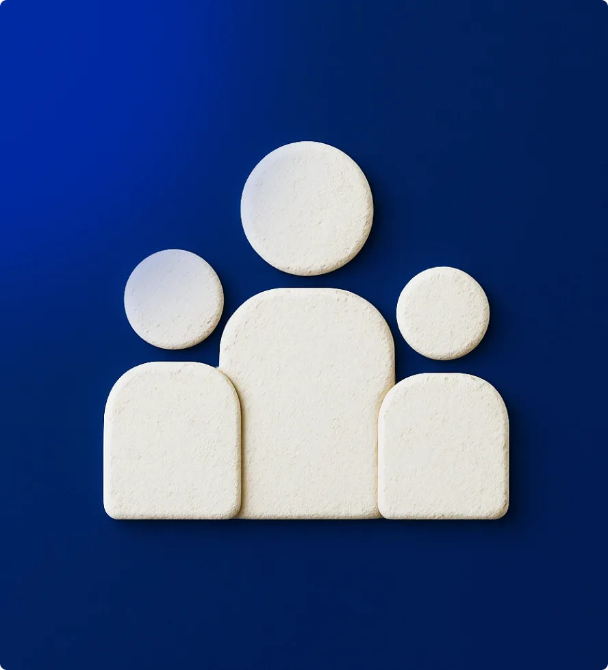 White textured icon of three people representing a group on a dark blue background.