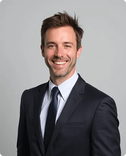 Smiling man with brown hair in a dark suit, white shirt, and dark tie against a gray background.